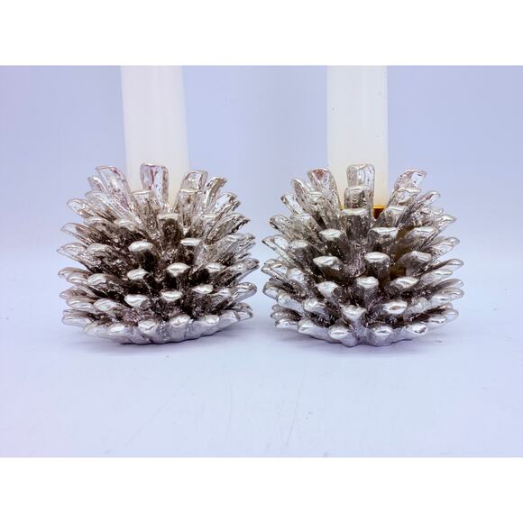 Vintage Poly Resin Pine Cone Candle Holders Silver 1998 by Autumn Accents - Picture 2 of 5